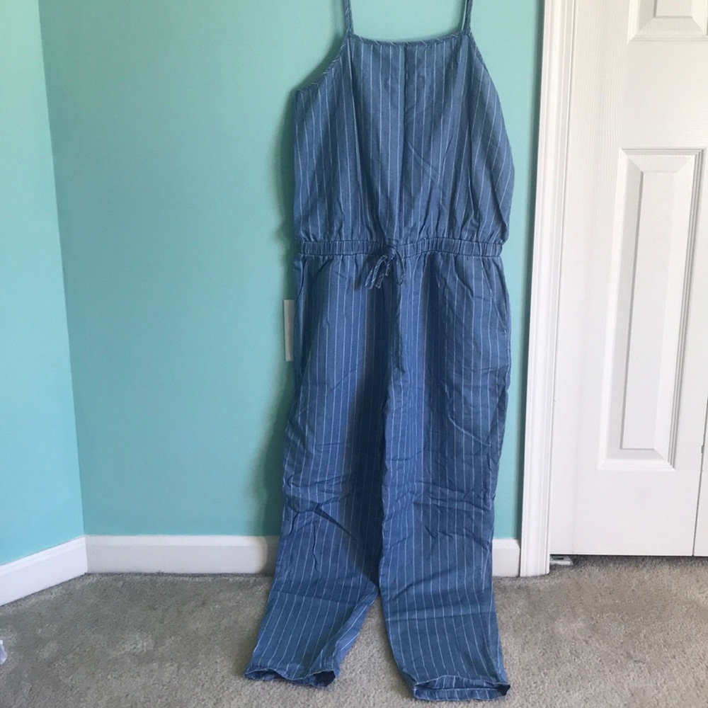 Striped Chambray Tank Top Jumpsuit w/ Pockets